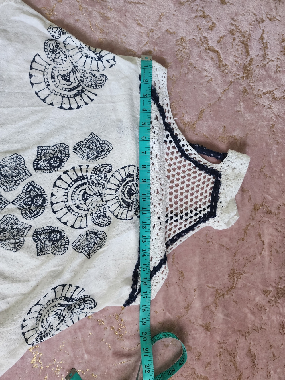 FREE PEOPLE | White Crochet Halter Tank Top with Navy Print - Picture 10 of 13